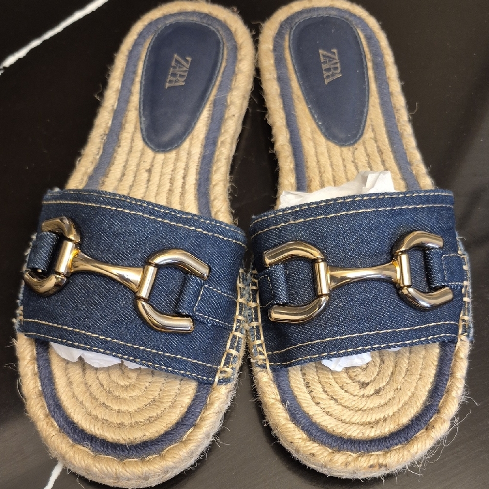 Zara Blue Denim Sandals with Wide Crossover Straps